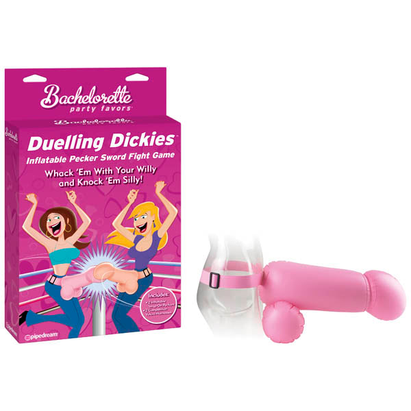 Bachelorette Party Favors Duelling Dickies - Inflatable Novelty Penises with inflatable pecker sword fight game and packaging.