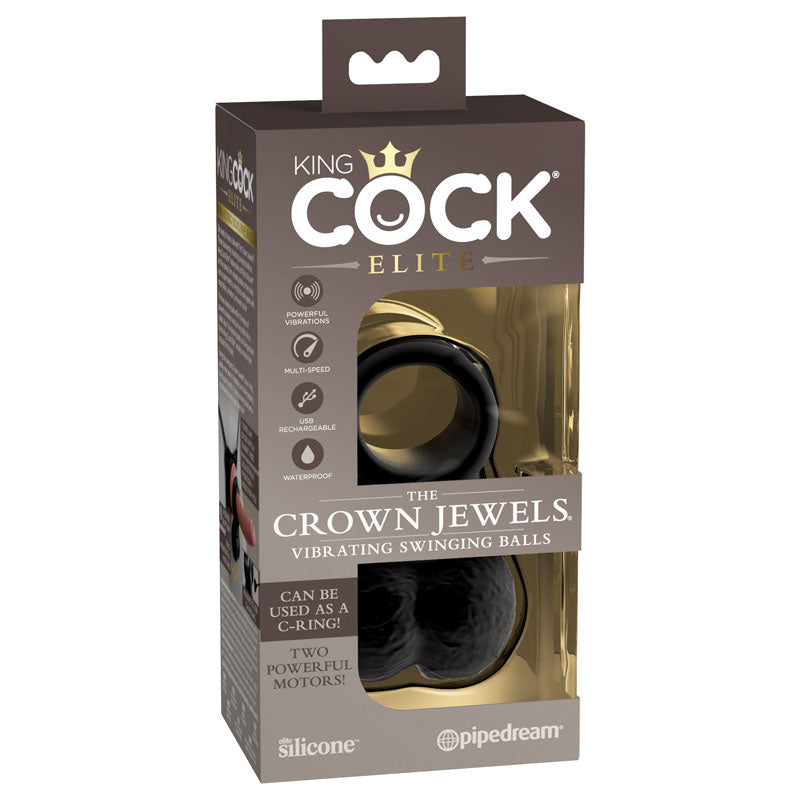 King Cock Elite The Crown Jewels Vibrating Silicone Balls - USB Rechargeable Vibrating Cock Ring packaging with features.