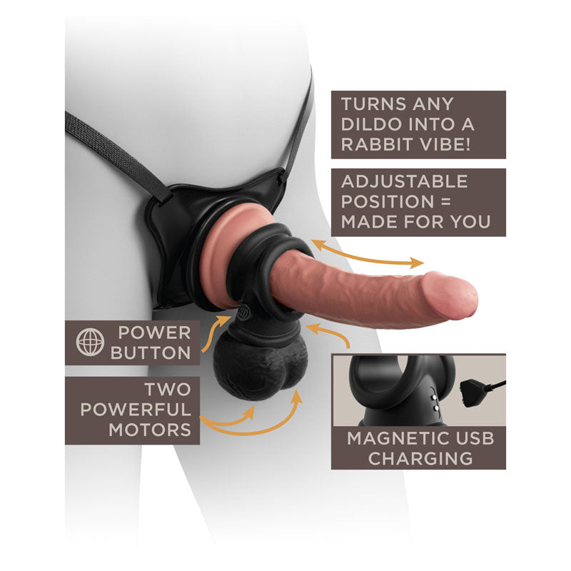 King Cock Elite The Crown Jewels Vibrating Silicone Balls - USB Rechargeable Vibrating Cock Ring features adjustable position and power button.