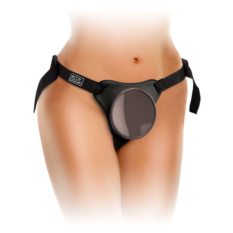 King Cock Elite Comfy Silicone Body Dock Kit - Body Dock Strap-On Harness with Tan 17.8 cm Dong on a model.