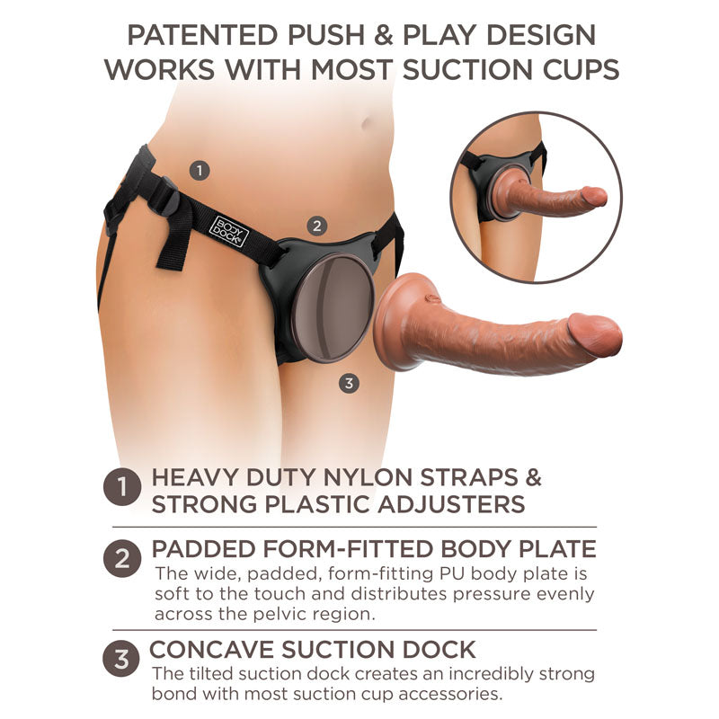 King Cock Elite Comfy Silicone Body Dock Kit - Body Dock Strap-On Harness with Tan 17.8 cm Dong showing features and design.