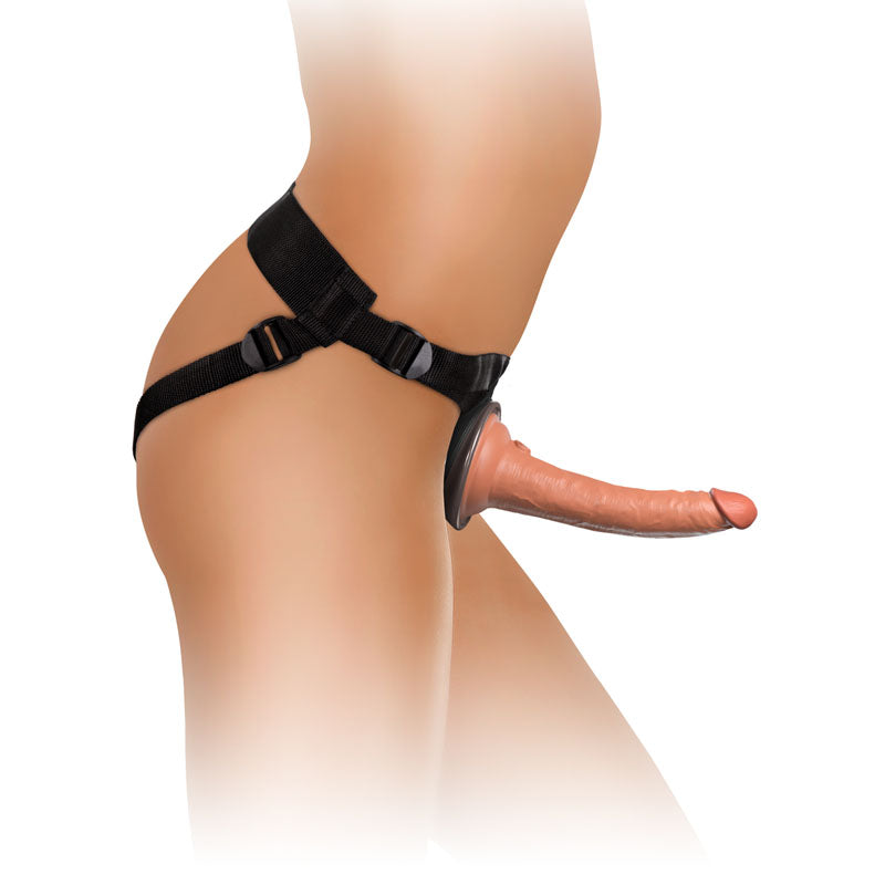 King Cock Elite Comfy Silicone Body Dock Kit - Body Dock Strap-On Harness with Tan 17.8 cm Dong on model's hip.