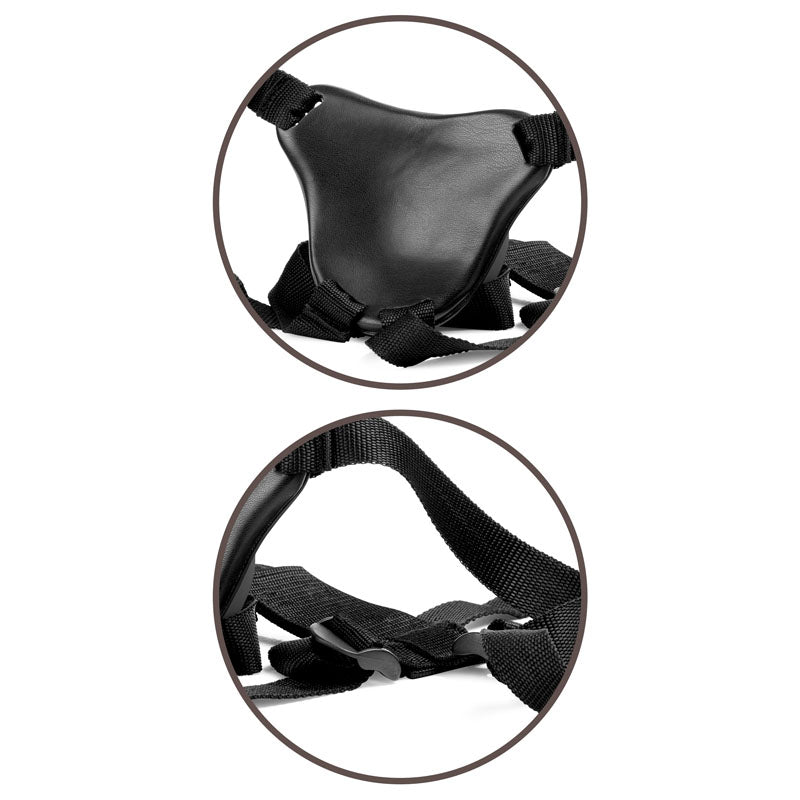 King Cock Elite Comfy Silicone Body Dock Kit - Body Dock Strap-On Harness with Tan 17.8 cm Dong, featuring a close-up view of the harness design.