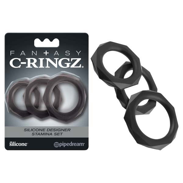 Fantasy C-Ringz Silicone Designer Stamina Set - Black Cock Rings - Set of 3 Sizes packaging with rings displayed.