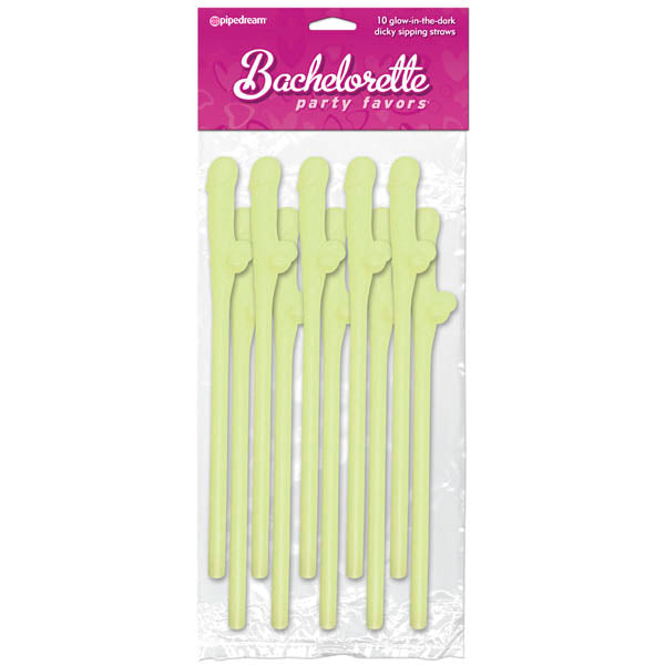 Bachelorette Party Favors - Dicky Sipping Straws - Glow in the Dark Straws - Set of 10 in yellow packaging.