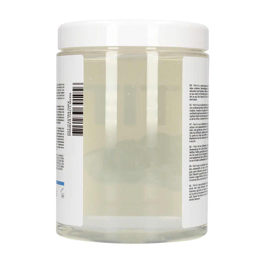 Pharmquests Fist-It Extra Thick - Thick Water Based Lubricant - 1000 ml Tub in a clear jar with white lid.