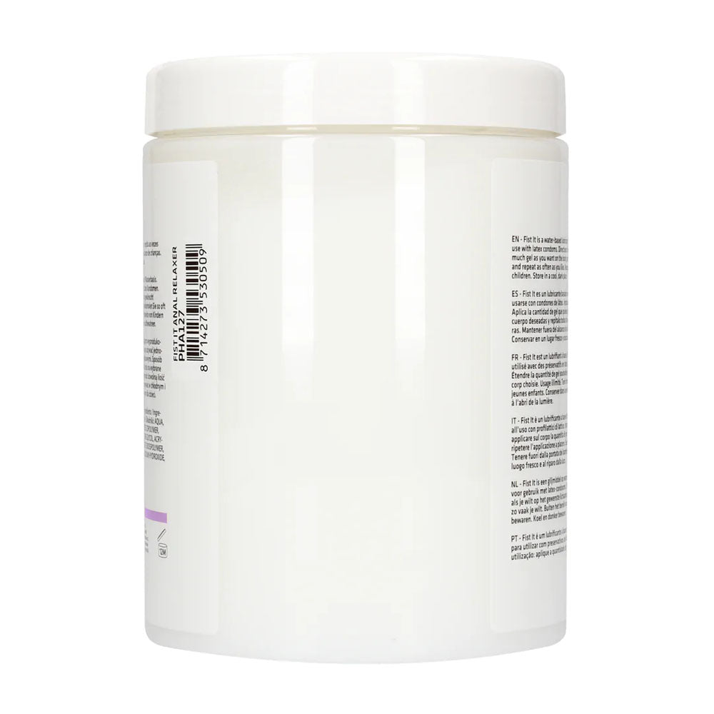 Pharmquests Fist-It Anal Relaxer - Water Based Relaxing Lubricant - 1000 ml Tub packaging with ingredient details.