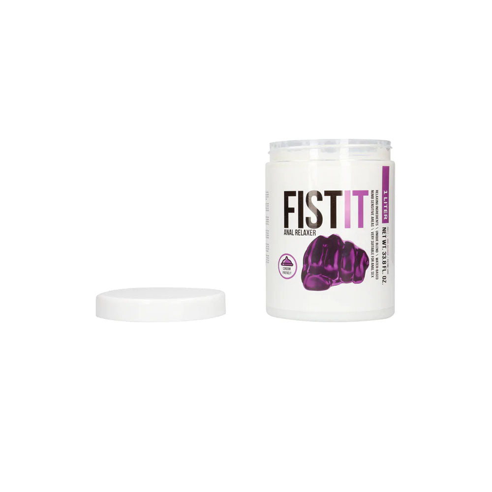 Pharmquests Fist-It Anal Relaxer - Water Based Relaxing Lubricant - 1000 ml Tub displayed with an open lid.