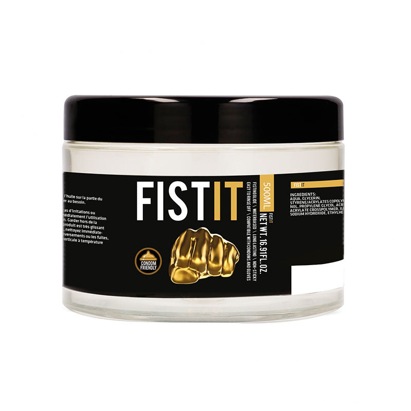 Pharmquests Fist-It - Water Based Lubricant - 500 ml Tub displayed in a clear container with a black lid.