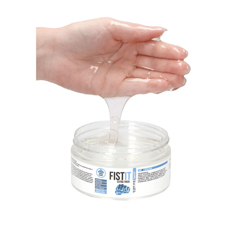 PHARMQUESTS Fist-It Extra Thick - 300ml - Thick Water Based Lubricant - 300 ml Tub with hand showing gel viscosity.