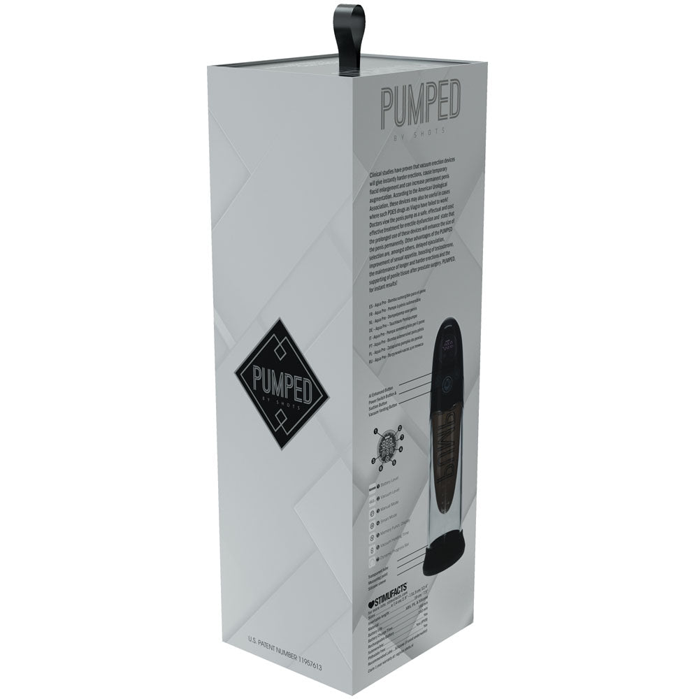 PUMPED Aqua-Pro Auto Pump -  - /Clear USB Rechargeable AI-Enabled Submersible Auto Penis Pump packaging side view.