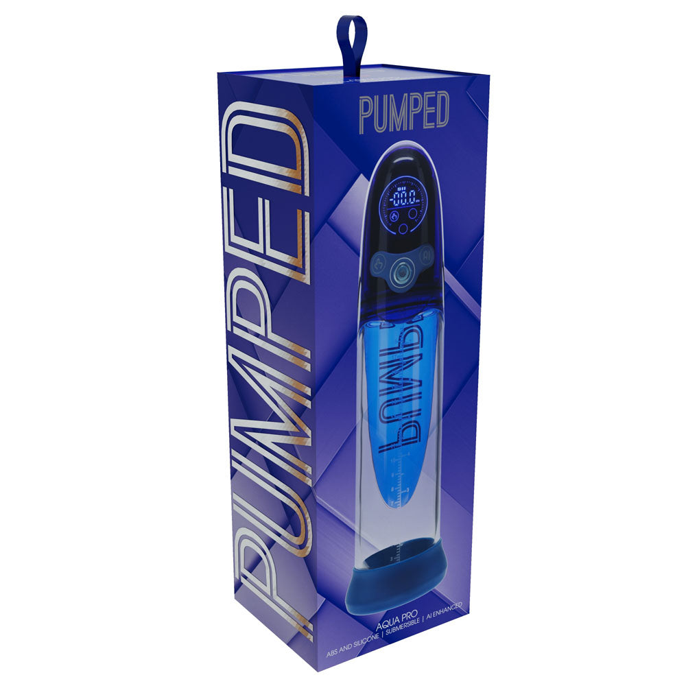 PUMPED Aqua-Pro Auto Pump -  - /Clear USB Rechargeable AI-Enabled Submersible Auto Penis Pump packaging displayed.