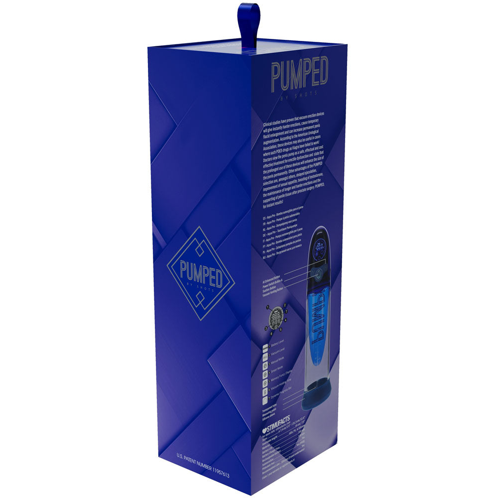 PUMPED Aqua-Pro Auto Pump -  - /Clear USB Rechargeable AI-Enabled Submersible Auto Penis Pump packaging side view