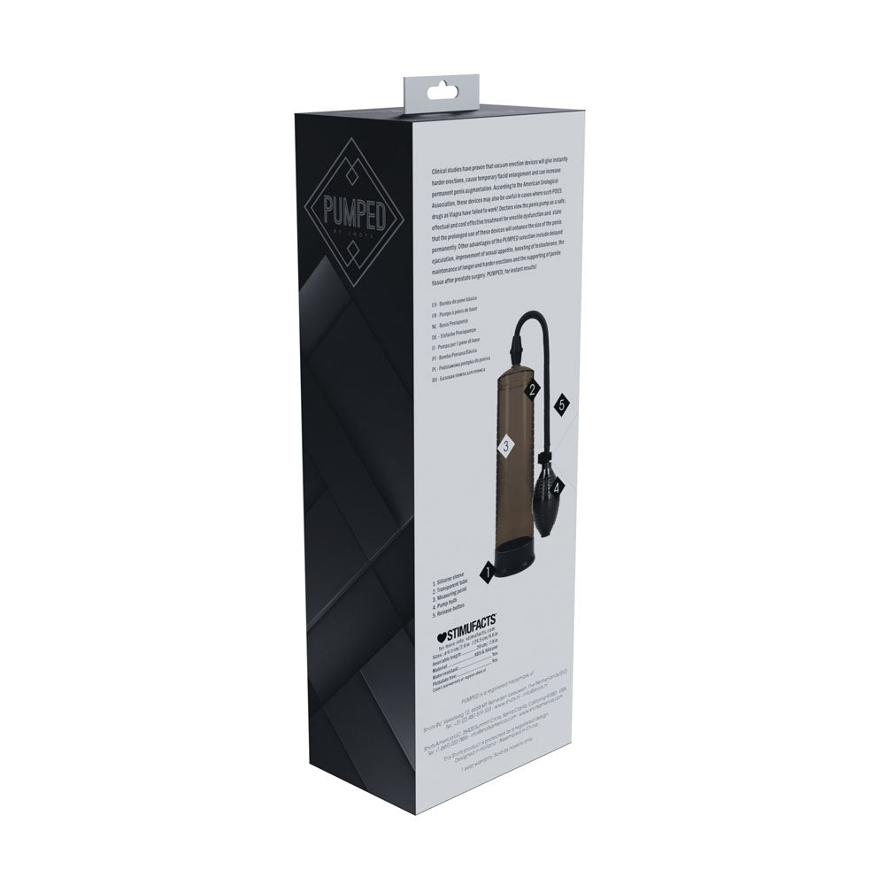 PUMPED Basic Pump 1 -  -  Penis Pump packaging with detailed product information and usage instructions.