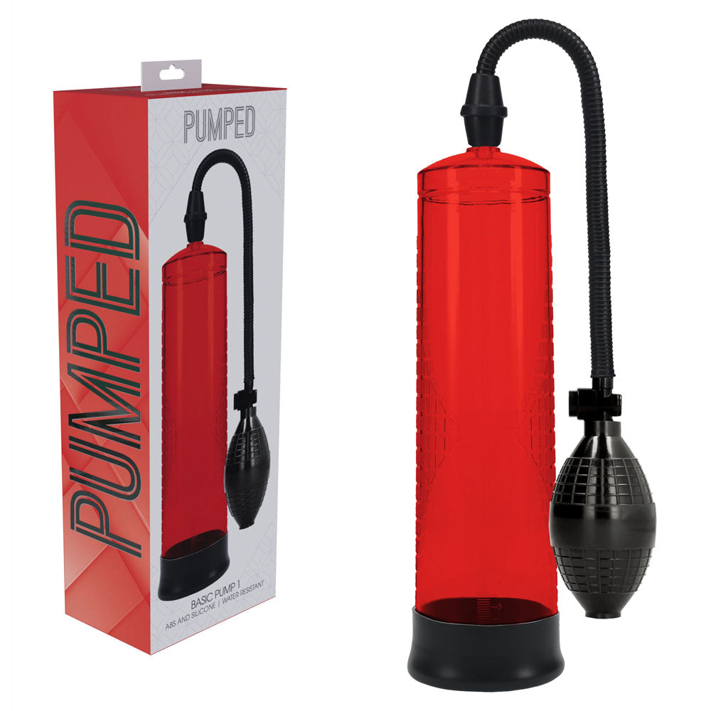PUMPED Basic Pump 1 -  -  Penis Pump box and product display in red and black.