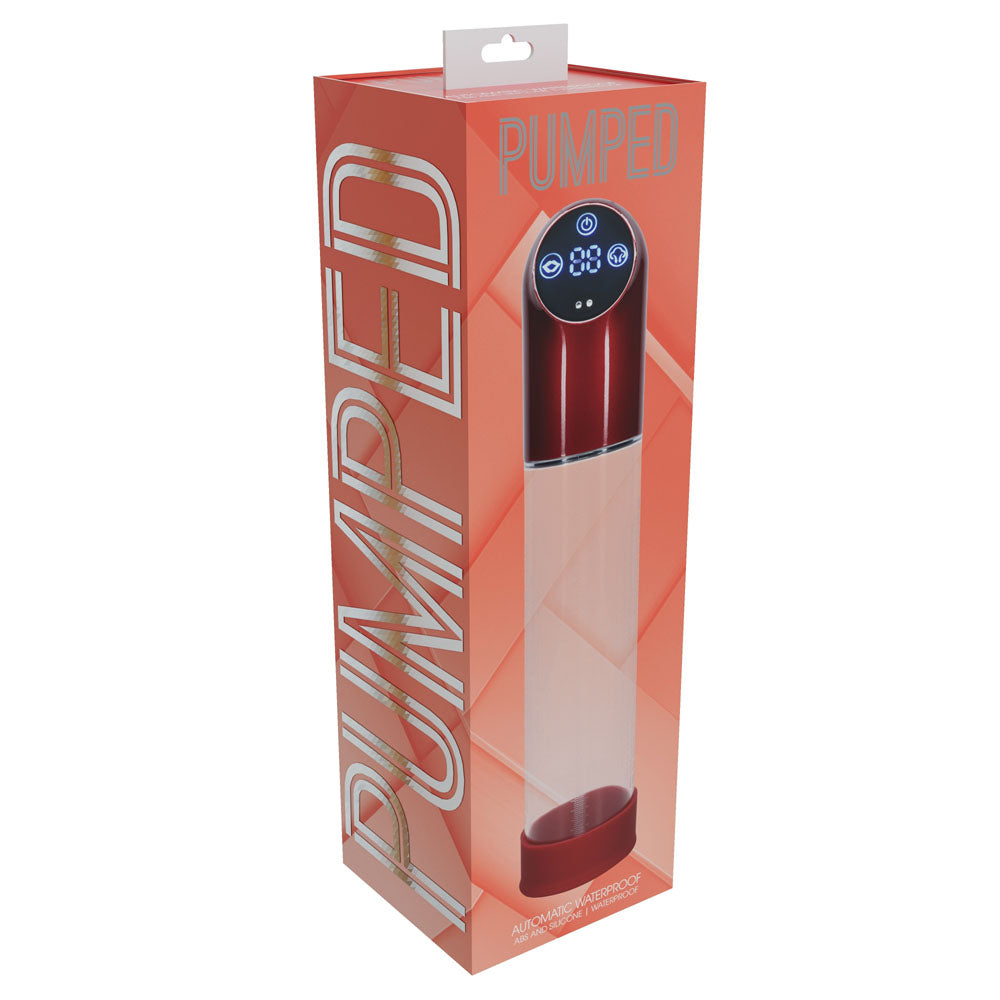 PUMPED Automatic Waterproof Pump - Metal - /Clear USB Rechargeable Automatic Penis Pump packaging displayed on a red background.