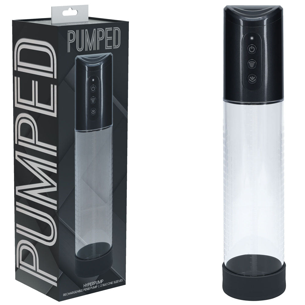 PUMPED Hyperpump Automatic Pump - Gunmetal - Gunmetal Grey USB Rechargeable Auto Penis Pump with sleek design and packaging.