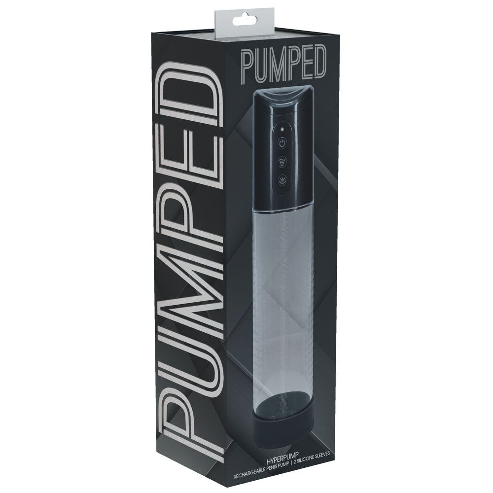 PUMPED Hyperpump Automatic Pump - Gunmetal - Gunmetal Grey USB Rechargeable Auto Penis Pump packaging image.