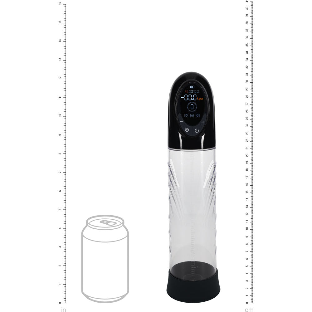 PUMPED CyberPulse Automatic Penis Pump -  - /Clear USB Rechargeable Auto Penis Pump displayed with measuring scale.