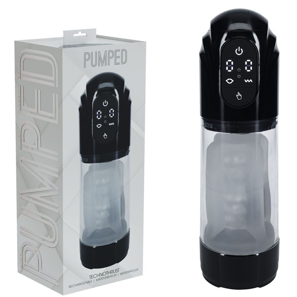 PUMPED TechnoThrust Auto Masturbator - /Clear USB Rechargeable Auto Masturbator displayed with box.