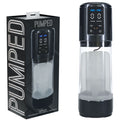 PUMPED UltraLift Automatic Masturbator - Gunmetal Grey/Clear USB Rechargeable Auto Masturbator with packaging.