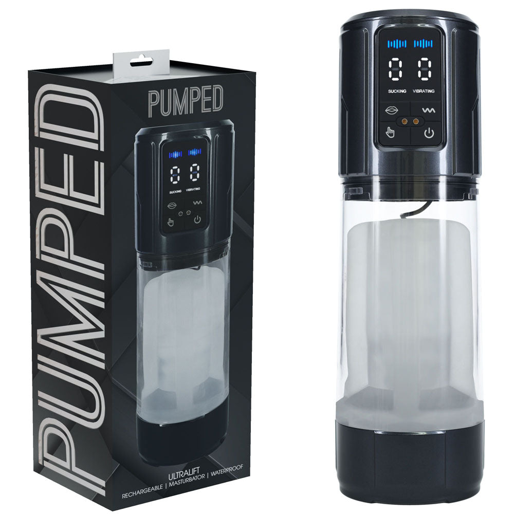 PUMPED UltraLift Automatic Masturbator - Gunmetal Grey/Clear USB Rechargeable Auto Masturbator with packaging.