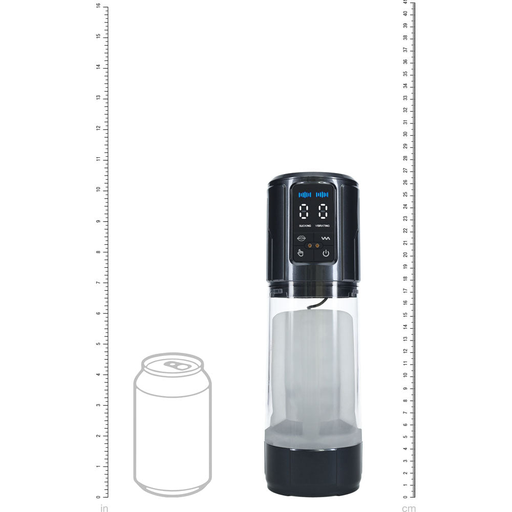 PUMPED UltraLift Automatic Masturbator - Gunmetal Grey/Clear USB Rechargeable Auto Masturbator with digital controls and measurement guide.