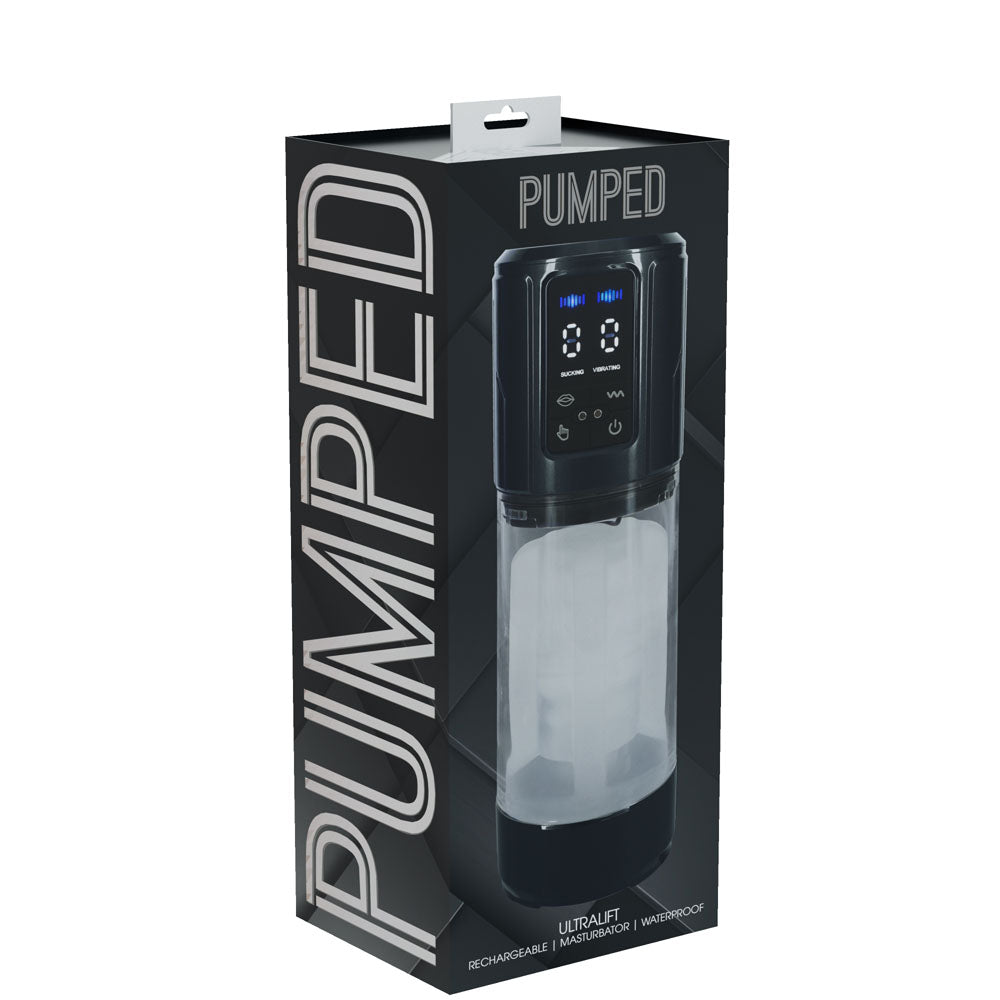 PUMPED UltraLift Automatic Masturbator - Gunmetal Grey/Clear USB Rechargeable Auto Masturbator packaging display.