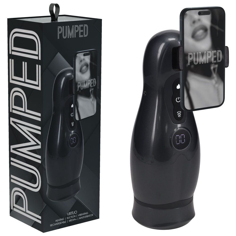 PUMPED Virtuo - Gunmetal - Gunmetal Grey/Clear USB Rechargeable Sucking And Vibrating Auto Masturbator with packaging.