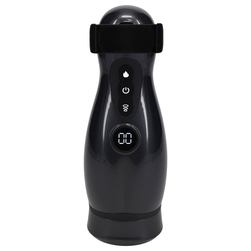PUMPED Virtuo - Gunmetal - Gunmetal Grey/Clear USB Rechargeable Sucking And Vibrating Auto Masturbator front view, showing buttons.