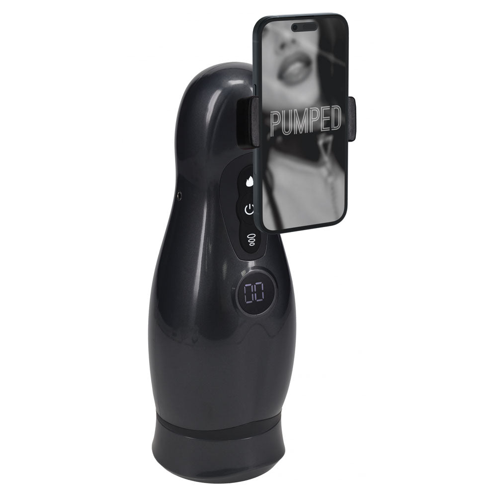 PUMPED Virtuo - Gunmetal - Gunmetal Grey/Clear USB Rechargeable Sucking And Vibrating Auto Masturbator with phone holder
