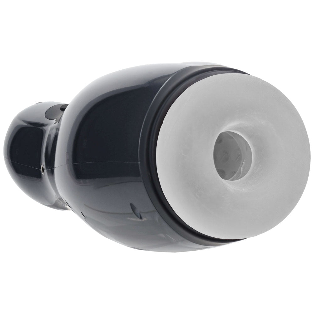 PUMPED Virtuo - Gunmetal - Gunmetal Grey/Clear USB Rechargeable Sucking And Vibrating Auto Masturbator image top view