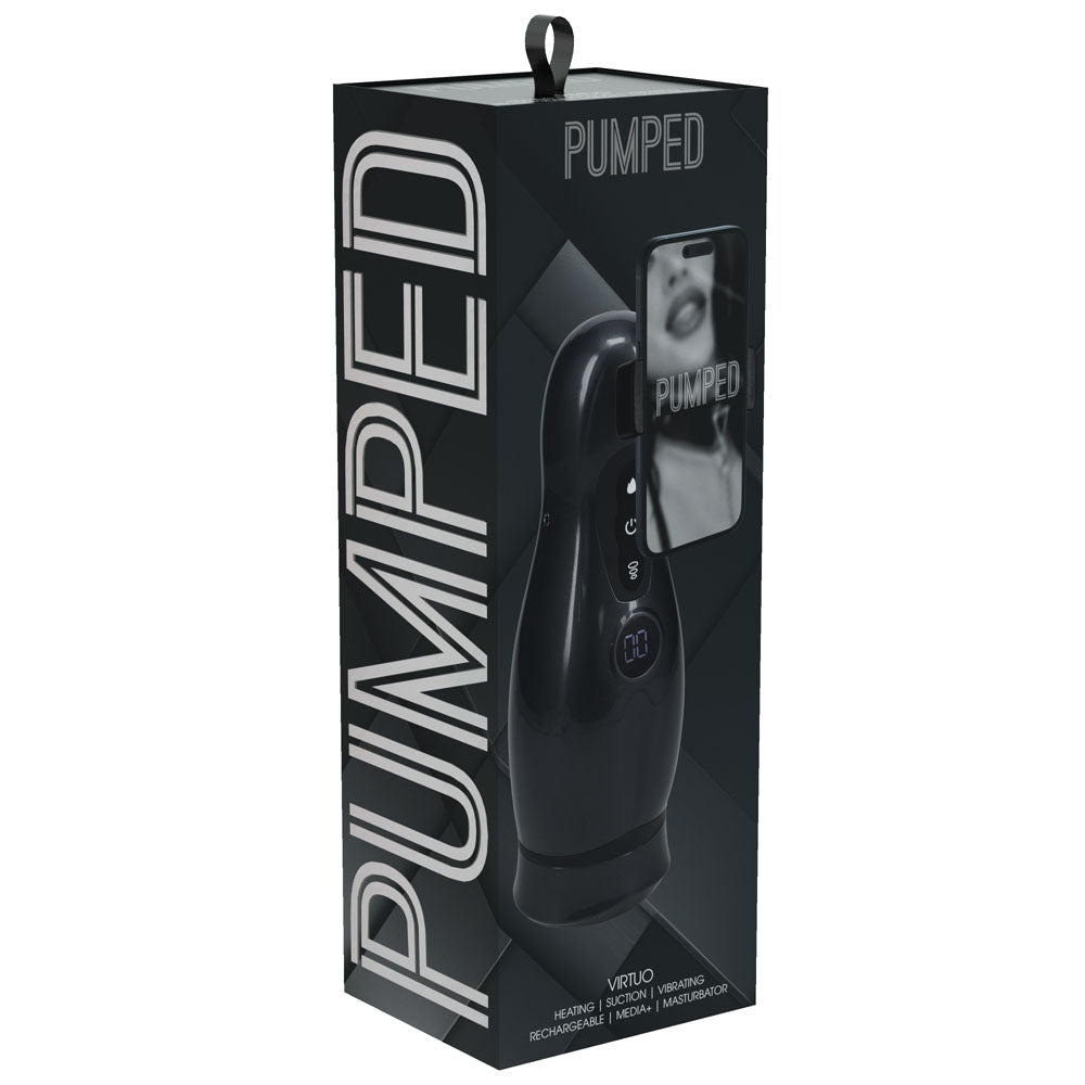 PUMPED Virtuo - Gunmetal - Gunmetal Grey/Clear USB Rechargeable Sucking And Vibrating Auto Masturbator packaging with controls.