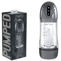 PUMPED SonicPull - Gunmetal - Gunmetal Grey/Clear USB Rechargeable Sucking And Vibrating Auto Masturbator packaging and product.