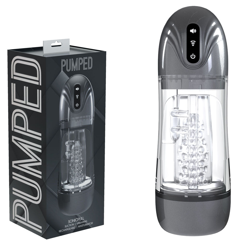 PUMPED SonicPull - Gunmetal - Gunmetal Grey/Clear USB Rechargeable Sucking And Vibrating Auto Masturbator packaging and product.