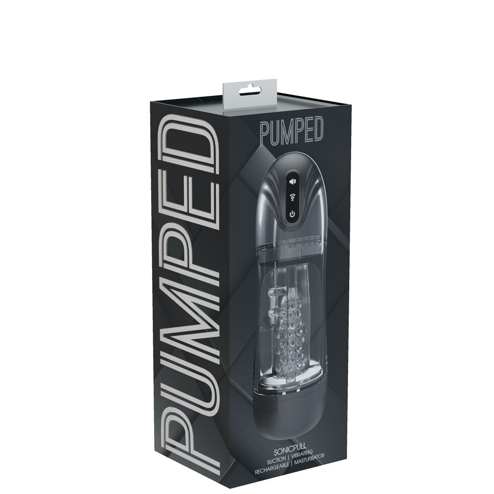 PUMPED SonicPull - Gunmetal - Gunmetal Grey/Clear USB Rechargeable Sucking And Vibrating Auto Masturbator packaging.