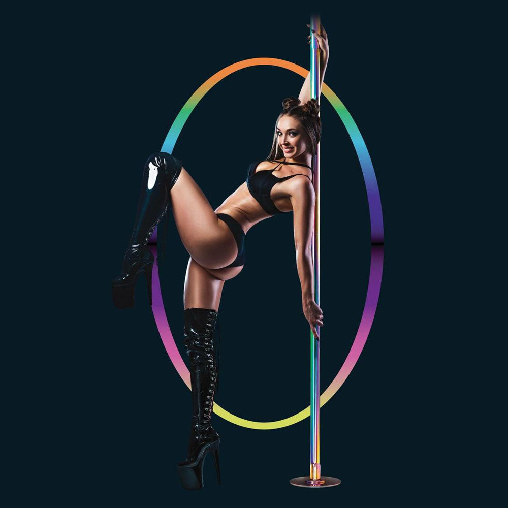 Power Pole Pro - Rainbow - Rainbow Chrome Dance Pole Kit showcased by a performer in stylish dance attire.