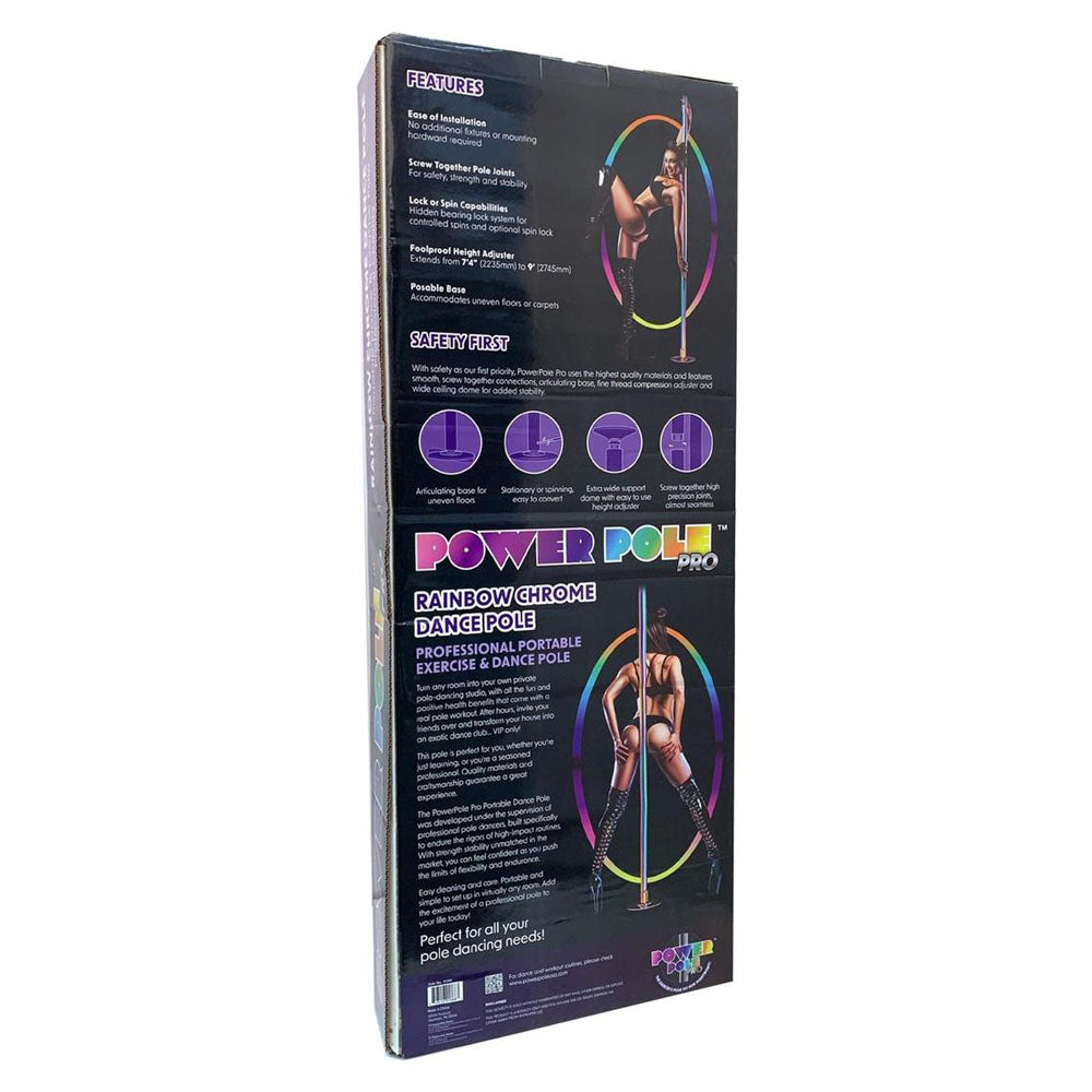 Power Pole Pro - Rainbow - Rainbow Chrome Dance Pole Kit packaging showcasing features and safety instructions.
