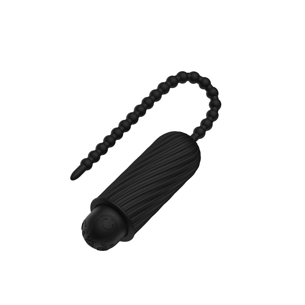Passion Play vibrating urethral sound, sleek black silicone design with 28 vibration patterns for internal stimulation.