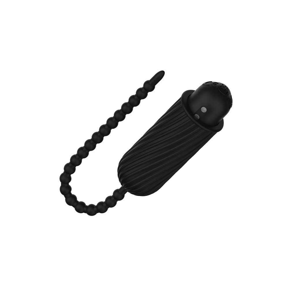 Passion Play vibrating urethral sound in sleek black with textured design and flexible tail for enhanced stimulation.