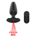 Passion Play vibrating anal plug with light projecting 'Fuck Me', remote-controlled, sleek black silicone design.