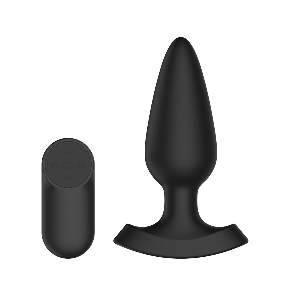 Passion Play vibrating anal plug with light next to remote control, designed for bold anal play and comfort.
