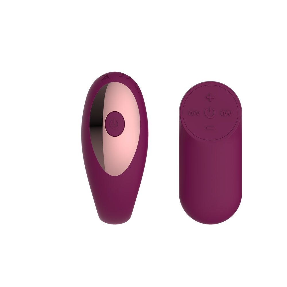 Passion Play couple vibe with remote controller, a USB rechargeable couples vibrator with remote control in purple.