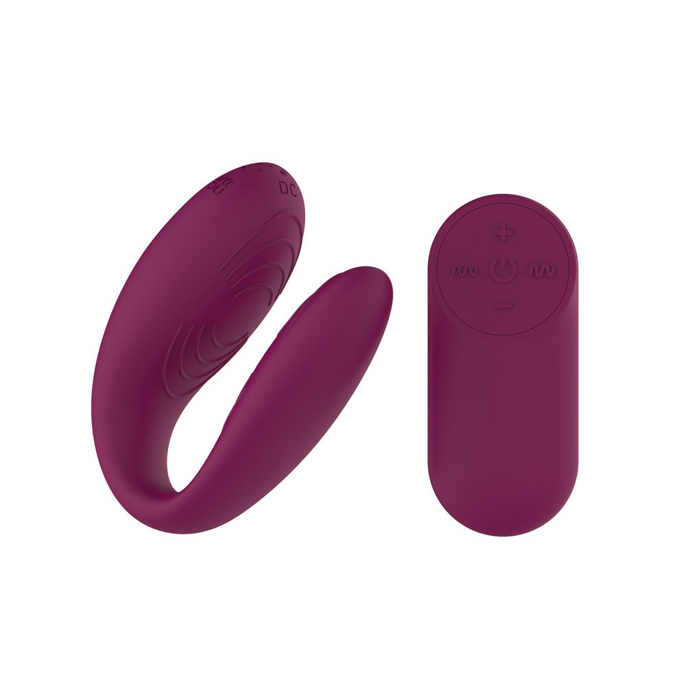 Passion Play couple vibe with remote controller, a couples vibrator with remote control in purple silicone.