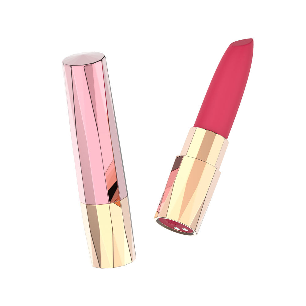 Passion Play rechargeable lipstick vibrator in pink and gold design, perfect for discreet pleasure and exploration.