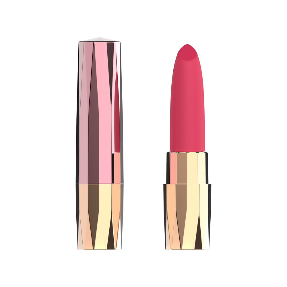 Passion Play rechargeable lipstick vibrator in chic pink and gold design, USB rechargeable and body-safe.