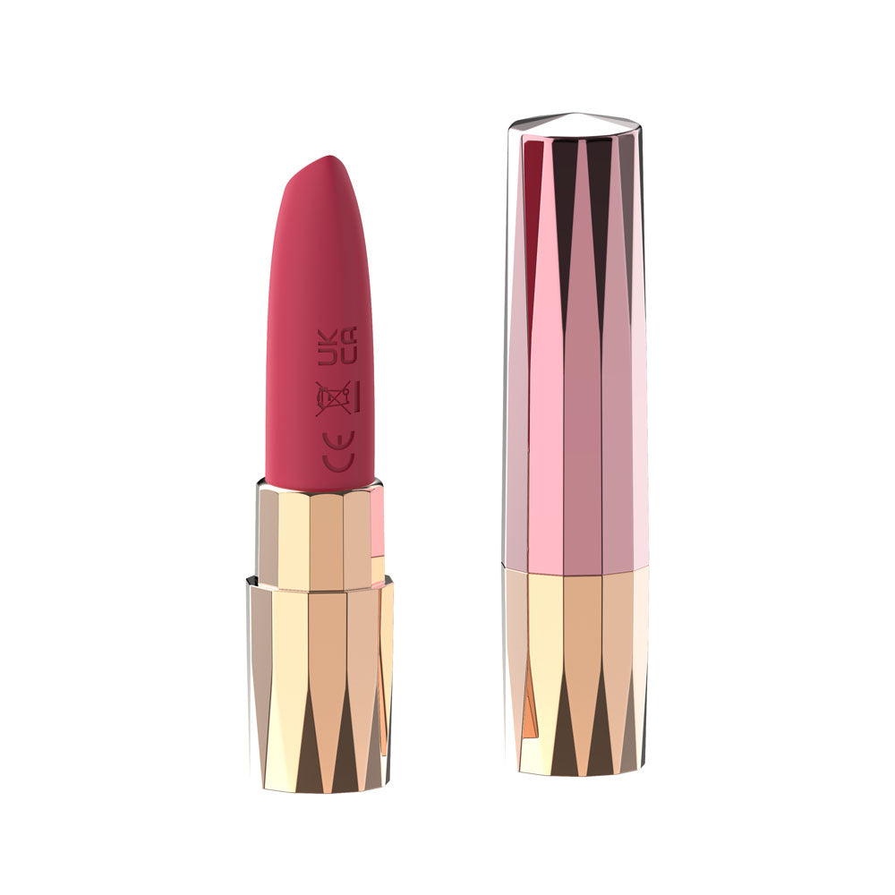 Passion Play rechargeable lipstick vibrator in pink and gold design, a chic and discreet intimate toy.