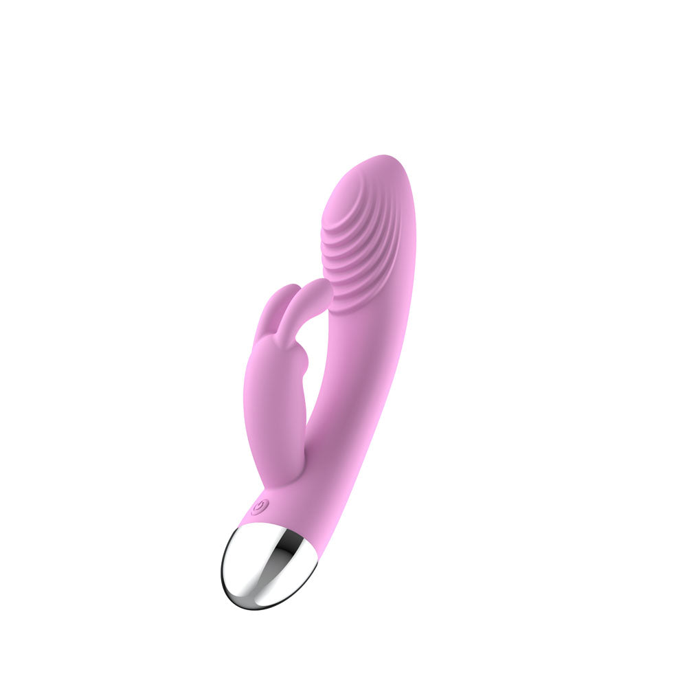 Passion Play Silicone Rabbit Vibrator in pink, 18.6 cm USB rechargeable silicone rabbit vibrator for intimate pleasure.