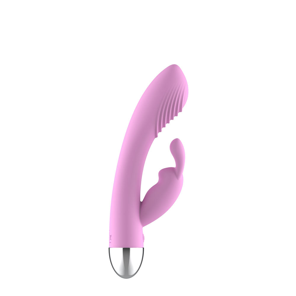 Passion Play Silicone Rabbit Vibrator in pink, a body-safe dual stim toy for pleasure with internal and external stimulation.