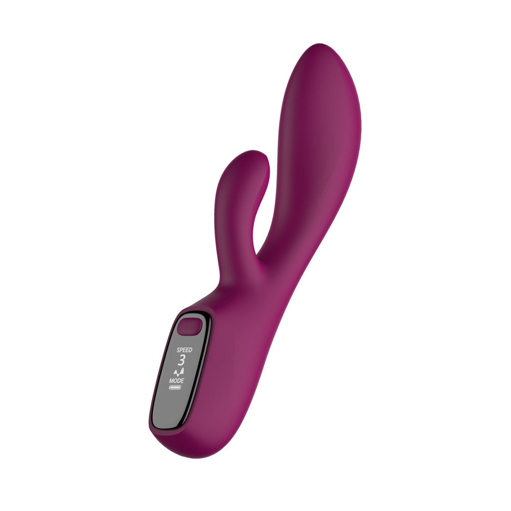 Passion Play Rabbit Vibrator with LED Screen in purple, showcasing its sleek design and features, perfect for pleasurable experiences.